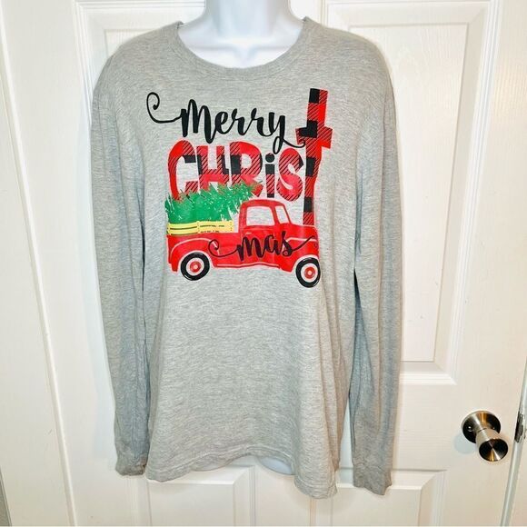 Love in Faith Merry Christmas Truck Long Sleeve Tshirt Marled Grey Red S - Picture 2 of 9